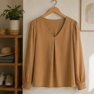 Camel Crepe V Neck Blouse